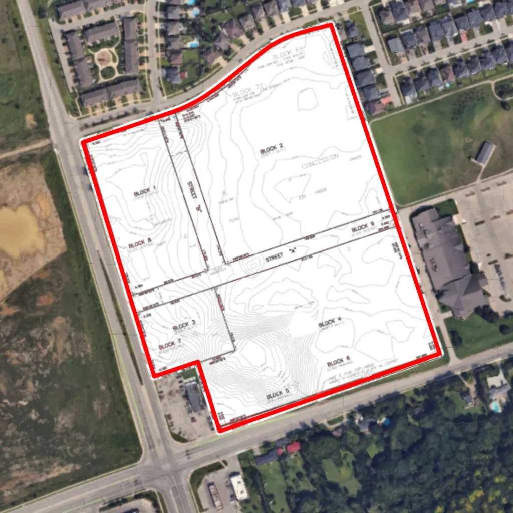 Superimposed planning map atop a satellite map.
